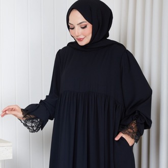 MEDİNE İPEĞİ KOLU DANTELLİ ELBİSE``SİYAH