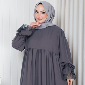 MEDİNE İPEĞİ KOLU DANTELLİ ELBİSE``FÜME