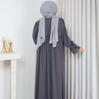 MEDİNE İPEĞİ KOLU DANTELLİ ELBİSE``FÜME
