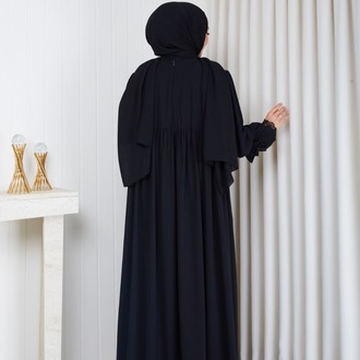 MEDİNE İPEĞİ KOLU DANTELLİ ELBİSE``SİYAH