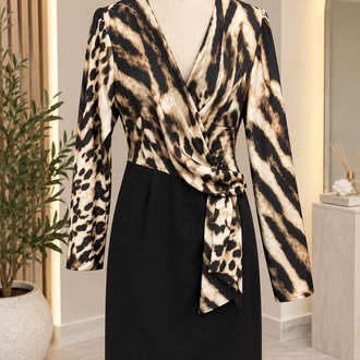 Leopar desenli kruvaze elbise 