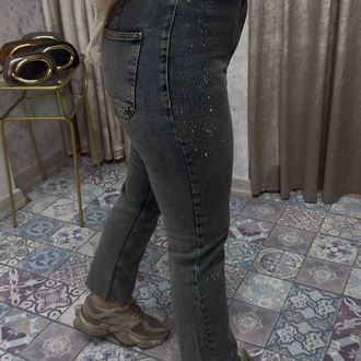 Taşlı paçası kesik boy fit jean