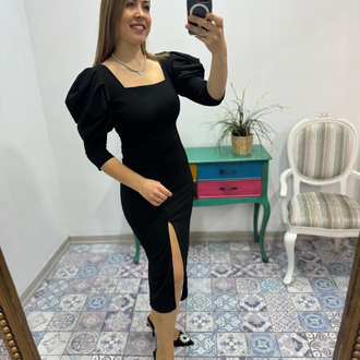 Kare yaka balon kol yırtmaçlı elbise