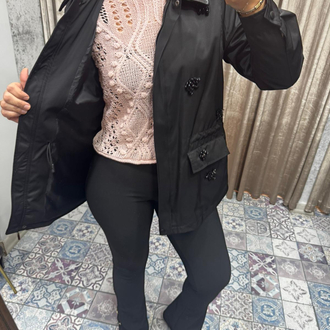 Tasarım taş işlemeli deri yaka ceket