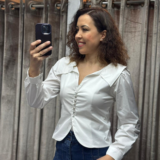 Taşlı düğme detaylı poplin kumaş gömlek
