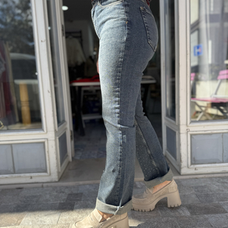 Taşlı Wide Leg Kot Pantolon