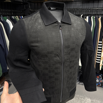 Outlet ürünü İthal Zegna Monogram Süet Detaylı Triko Mont Ceket (Siyah)-9090