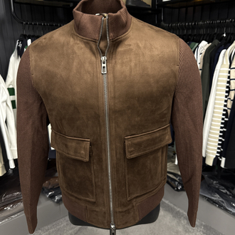 Outlet ürünü İthal Lora Piana Süet Dokulu Çelik Örme Triko Kollu Bomber Mont (1818-Taba)