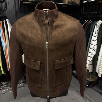 Outlet ürünü İthal Lora Piana Süet Dokulu Çelik Örme Triko Kollu Bomber Mont (1818-Taba)