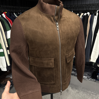 Outlet ürünü İthal Lora Piana Süet Dokulu Çelik Örme Triko Kollu Bomber Mont (1818-Taba)