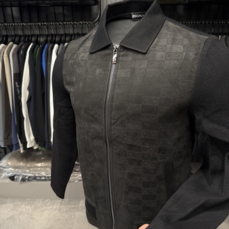 Outlet ürünü İthal Zegna Monogram Süet Detaylı Triko Mont Ceket (Siyah)-9090