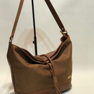Taba Süet Hobo Çanta - Püskül Detaylı Bohem Omuz Çantas