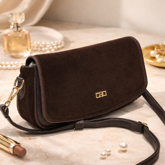 Vintage Kahve Süet Kadın Omuz & Çapraz Çanta – Gold Detaylı Şık Tasarım