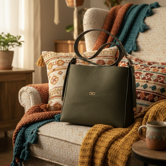 Haki Yeşil Süet Deri Omuz Çantası - Minimalist Tasarım
