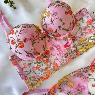Mavi Çiçek Desenli Büstiyer Takım