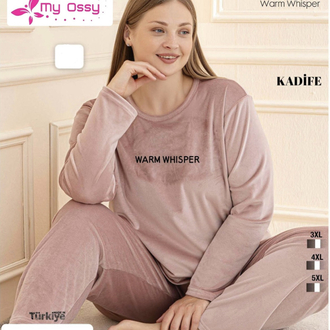 Kadın Fransız Kadife Pudra Büyük Beden Pijama Takımı