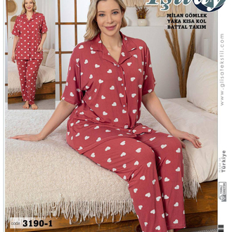 Kadın kalp desenli önden düğmeli Milan büyük beden pijama takımı