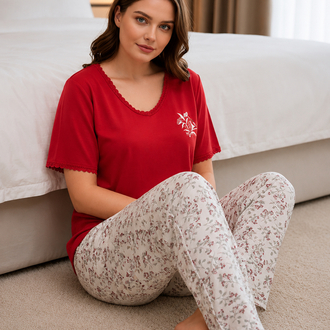 Kadın kırmızı büyük beden pijama takımı