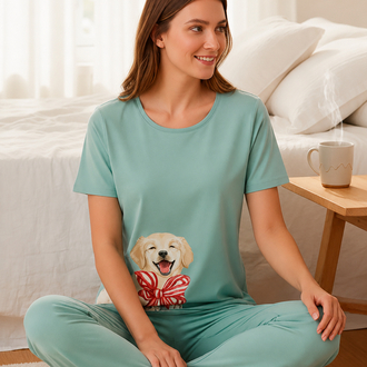 Kadın mint yeşili köpek desenli pijama takımı