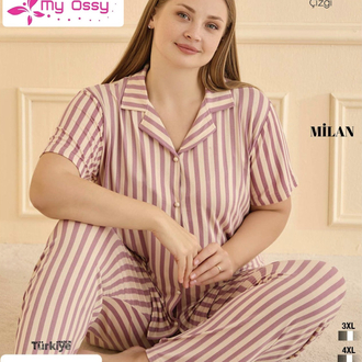 Kadın Önden Düğmeli lila çizgili büyük beden Milan Pijama Takımı