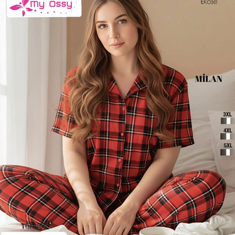 Kadın Kırmızı Ekose Önden Düğmeli Milan Büyük Beden Pijama Takımı