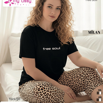 Siyah Alt leopar Kapri Büyük Beden Milan Pijama Takımı