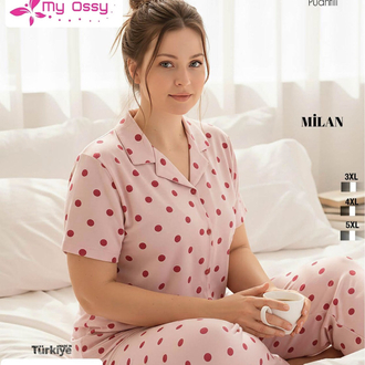 Kadın Puantiyeli Lila Büyük Beden Önden Düğmeli Milan Pijama Takımı