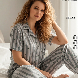 Kadın çizgili desenli önden düğmeli büyük beden pijama takımı