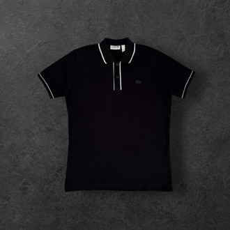 Lacoste Siyah, Yakası Çizgili İkonik Logolu Polo Tişört