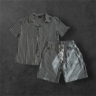 Lacivert & Beyaz Çizgili, Apaş Yaka Marin Stil Gömlek & Şort Takımı