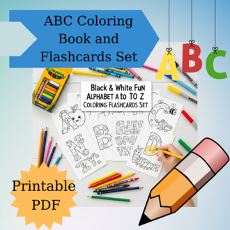 Black White Fun Alphabet A to Z Coloring Flashcards Set,ABC Coloring Book,Printable Alphabet Colorin