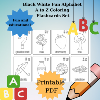 Black White Fun Alphabet A to Z Coloring Flashcards Set,ABC Coloring Book,Printable Alphabet Colorin