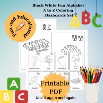Black White Fun Alphabet A to Z Coloring Flashcards Set,ABC Coloring Book,Printable Alphabet Colorin
