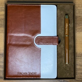 Kahverengi Deri Defter Kalem Set - Kişiye Özel İsimli 