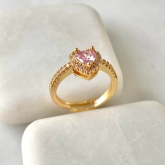 Altın Kaplama Pembe Taşlı Kalp Gold Yüzük
