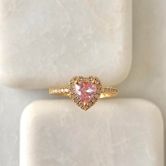 Altın Kaplama Pembe Taşlı Kalp Gold Yüzük