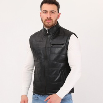  Hakiki Deri Şişme Yelek Hakim Yaka Siyah Renk