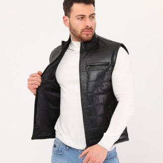  Hakiki Deri Şişme Yelek Hakim Yaka Siyah Renk