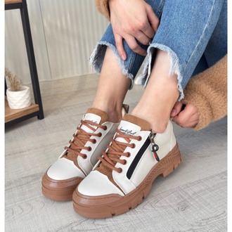 Elwa Bej Cilt Taba Tabanlı Bağcıklı Spor Ayakkabı - 260658