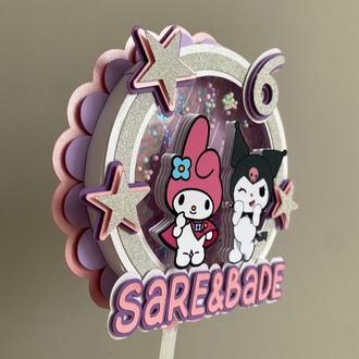 Kuromi ve My Melody 3D Shaker Pasta Süsü - Kişiye Özel Katmanlı ve Hareketli Pullu Topper