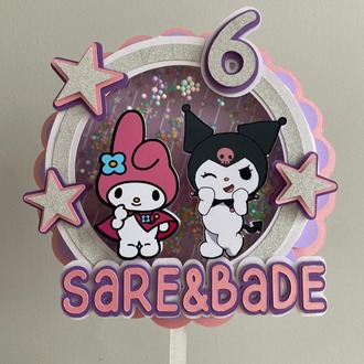 Kuromi ve My Melody 3D Shaker Pasta Süsü - Kişiye Özel Katmanlı ve Hareketli Pullu Topper