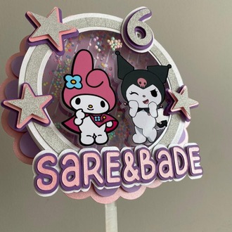Kuromi ve My Melody 3D Shaker Pasta Süsü - Kişiye Özel Katmanlı ve Hareketli Pullu Topper