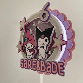 Kuromi ve My Melody 3D Shaker Pasta Süsü - Kişiye Özel Katmanlı ve Hareketli Pullu Topper