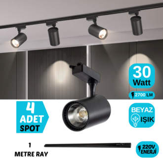 4’LÜ 30 WATT SİYAH KASA BEYAZ IŞIK RAY SPOT (4 ADET 30 WATT LED RAY SPOT LAMBA + 1 METRE RAY))