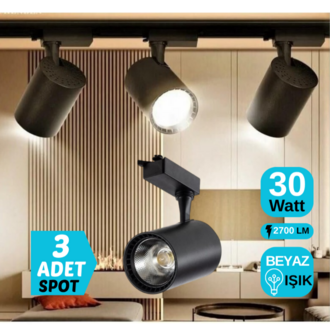 3’LÜ 30 WATT SİYAH KASA BEYAZ IŞIK RAY SPOT (3 ADET 30 WATT LED RAY SPOT LAMBA + 1 METRE)