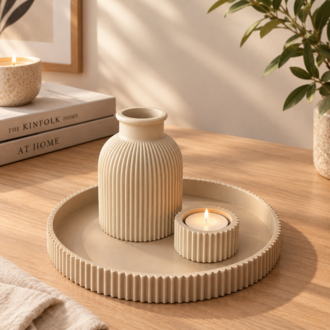 3'lü Minimalist Dekorasyon Seti - Tepsi, Mumluk ve Vazo (12 cm) - Beyaz