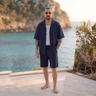 Lacivert Ham Keten Short Takım — Yazlık Erkek Alt-Üst Set
