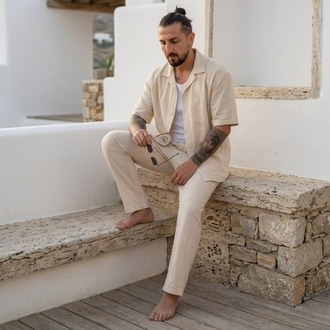 Bej Ham Keten Erkek Takım — Yazlık Oversize Alt-Üst Set