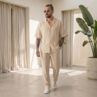 Bej Ham Keten Erkek Takım — Yazlık Oversize Alt-Üst Set