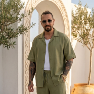 Yeşil Ham Keten Erkek Takım — Yazlık Oversize Alt-Üst Set